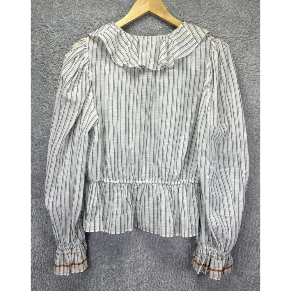NEW Ulla Johnson Womens 8 Kalila Blouse Striped Cotton Ruffle Peplum Puff Sleeve